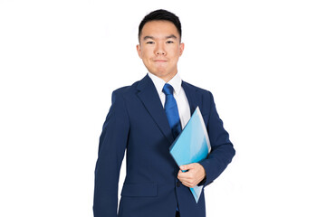 A young business man wearing a suit and tie holding folders