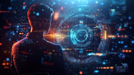 Fototapeta premium Virtual digital cyber world technology concept Real world metaverse successful businessman