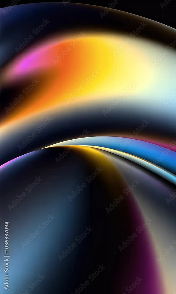 Poster black background, rainbow gradient lines in the shape of an arch on the top left and bottom right, c