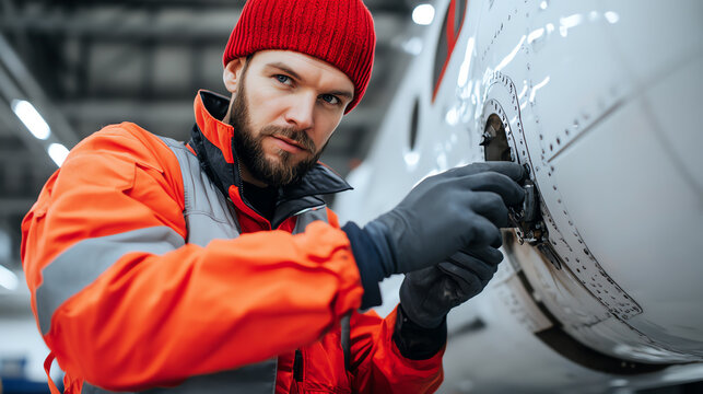 A focused aircraft mechanic in a bright orange uniform is inspecting and repairing an airplane's engine component in an aviation hangar.
