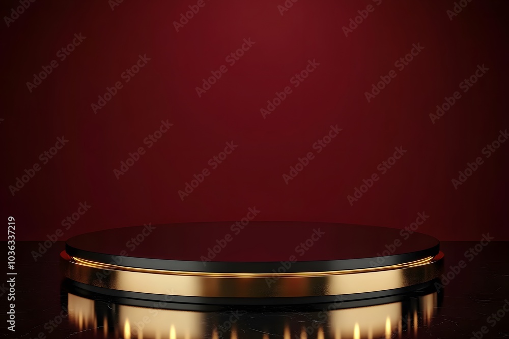 Poster a circular display pedestal with a glossy black surface and golden trim against a red backdrop.