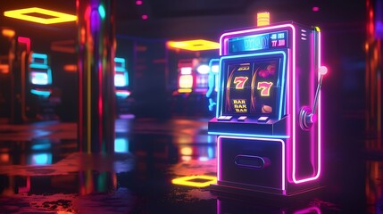 Naklejka premium A vibrant neon-lit slot machine in a casino, showcasing colorful lights and a reflective floor.