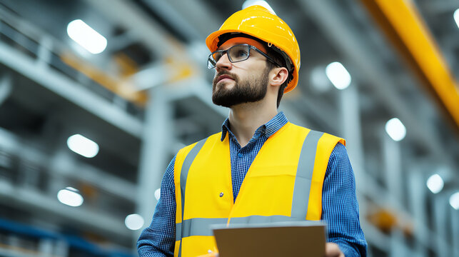 A focused construction worker in a safety helmet and reflective vest, holding a clipboard in an industrial warehouse with bright lighting.
