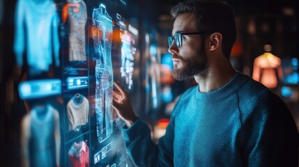 A man interacts with a digital display showcasing clothing options in a modern setting.