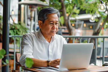 Fototapeta premium Asian mid aged business man sitting by outdoor cafe table working on the laptop,concept of hard working, working outdoor in cafe, work from home, businessman, copy space