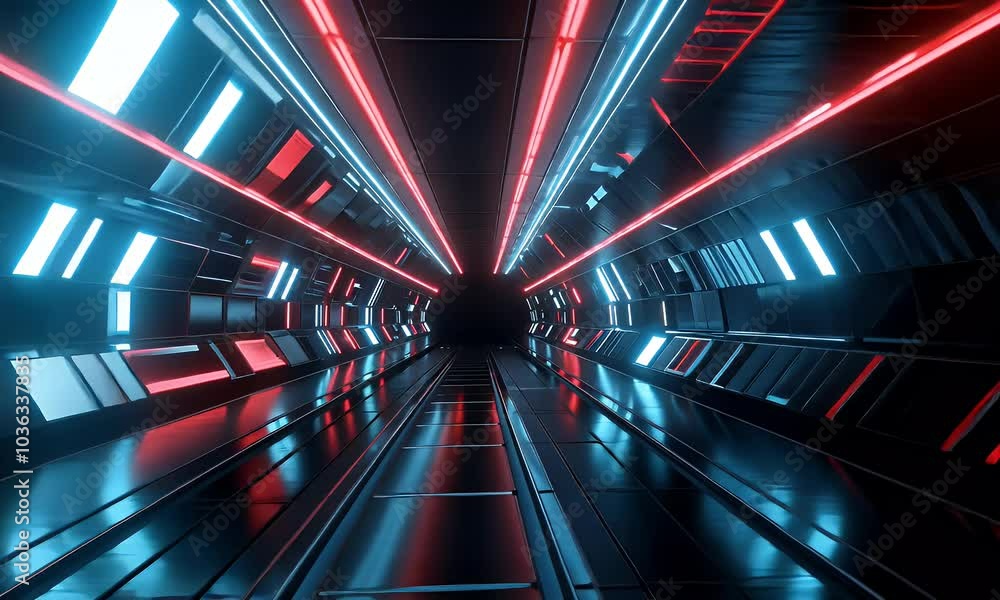 Poster 3d render, an abstract futuristic tunnel background with neon blue and red lights on dark black geom