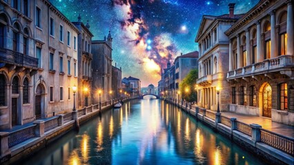 A shimmering, celestial canal winds its way through a mystical city, its waters reflecting the stars above, and its banks lined with great, crystal pillars that seem to hum a gentle, lulling melody.