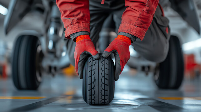 A mechanic in a red uniform inspects an aircraft tire in a hangar, showcasing precision and attention to detail in aviation maintenance work.