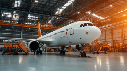 A parked commercial airplane in a spacious hangar, showcasing modern aviation technology and maintenance equipment in a well-lit environment.