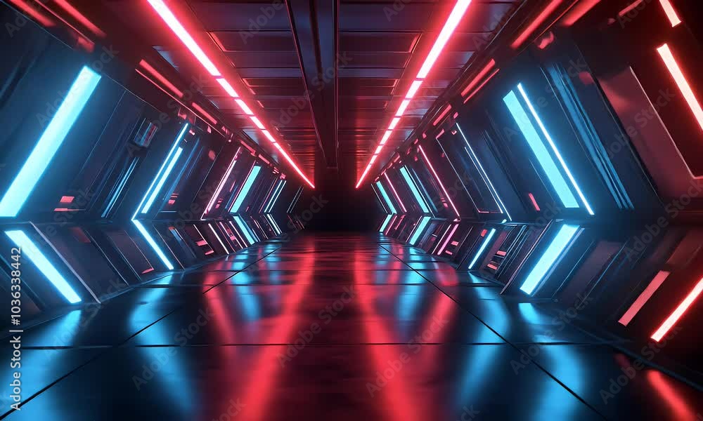 Poster 3d render, an abstract futuristic tunnel background with neon blue and red lights on dark black geom