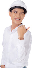Portrait young asian man is engineer wearing helmet standing and smiling with confident, male is architect or contractor presenting or showing something, industrial concept.