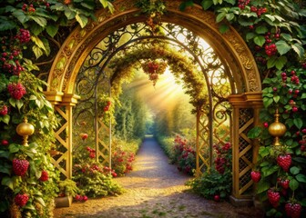 Fototapeta premium Enchanted archway adorned with intricate golden filigree and vines bursting with plump, ripe berries, leading to a secret garden