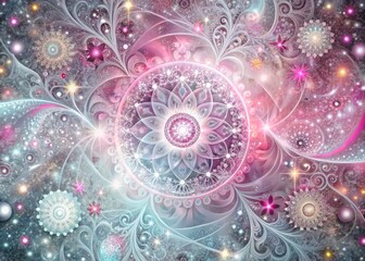 8. Vibrant, Soft Pink and Cool Gray celestial-inspired digital art, with intricate, shimmering effects and vibrant, swirling patterns