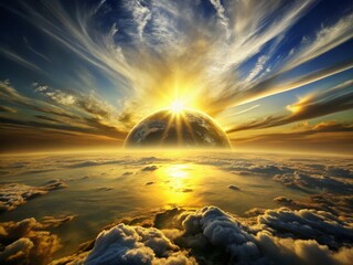In a world of eternal dawn, charcoal gray shadows retreat before the soft yellow radiance of a rising sun.