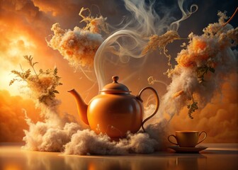 A surreal, dreamlike still life features a delicate, sunset orange and cream-hued teapot, surrounded by wispy tendrils of steam that take on a life of their own.