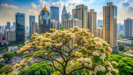 A soft mango tree blooms in the heart of a bustling, metropolitan city, its branches tangling with skyscrapers and busy streets.