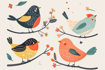 Beautiful and cute multi-coloured birds. Spring birds with beautiful beaks and red cheeks. Illustration