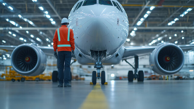 An aircraft on the tarmac with a technician inspecting the nose in an industrial hangar. Focus on aviation maintenance and safety procedures.