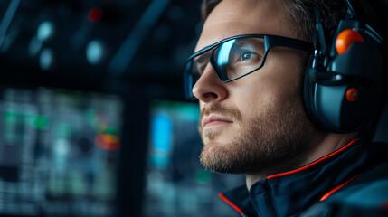 Close-up of a focused professional wearing headphones and glasses, engaged in monitoring high-tech equipment in a modern control room.