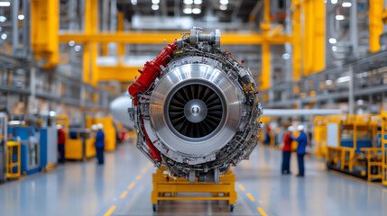 Close-up of a jet engine in a modern manufacturing facility, showcasing precision engineering and advanced technology amidst a vibrant industrial setting.