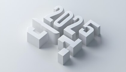 Isolated 3D "2025" numbers arranged on a sleek white surface in an aerial view.