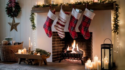 A fireplace with a roaring fire is adorned with Christmas stockings, lit candles, and a festive garland. The room is cozy and inviting, perfect for celebrating the holiday season.
