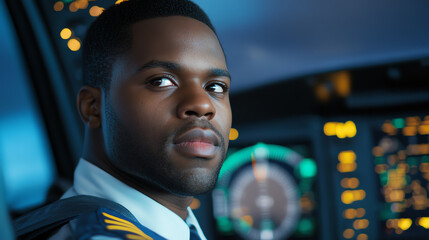 Confident pilot in cockpit, focused on flight controls, showcasing professionalism and dedication to aviation amidst a vibrant cabin setting.