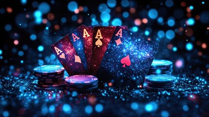 Poker Cards Casino Concept on a Black Background with Luminous Neon Lights