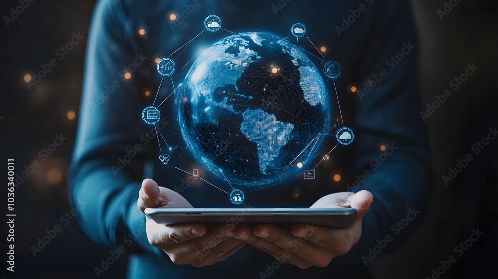 Poster man holding virtual globe with marketing network connecting icons on tablet. innovation technology d