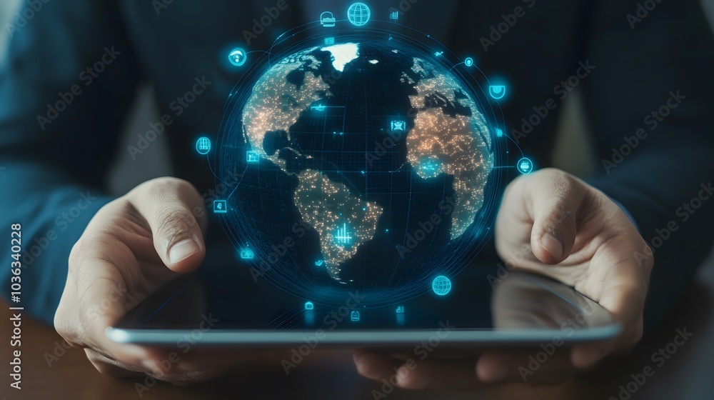 Poster man holding virtual globe with marketing network connecting icons on tablet. innovation technology d