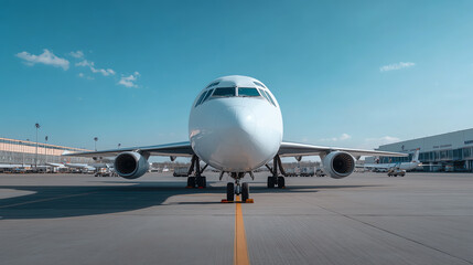 Front view of a modern airplane on an airport runway under a clear blue sky, showcasing aviation technology and travel.