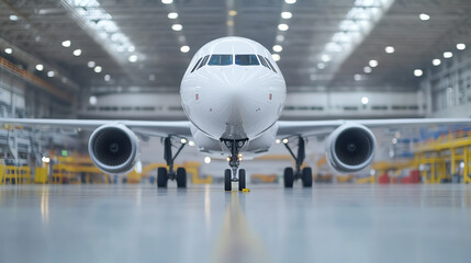 Front view of an airplane in a spacious aircraft hangar, showcasing the engines and fuselage against a bright, industrial background.