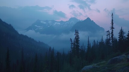 Serene alpine landscape at dusk with majestic mountains in the cascade range, washington state, usa


