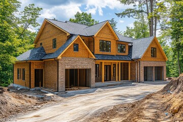 New Home Under Construction with Brick Exterior and Slate Roof