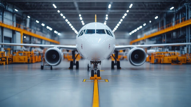 Front view of a modern airplane parked in a spacious hangar, showcasing its sleek design and advanced engineering in an industrial setting.