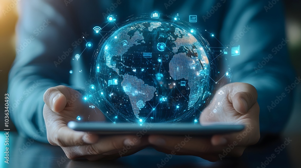 Poster man holding virtual globe with marketing network connecting icons on tablet. innovation technology d