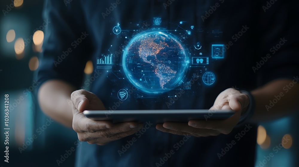 Poster man holding virtual globe with marketing network connecting icons on tablet. innovation technology d