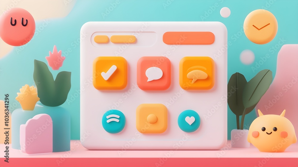 Poster 3d rendered user interface icons with cute characters