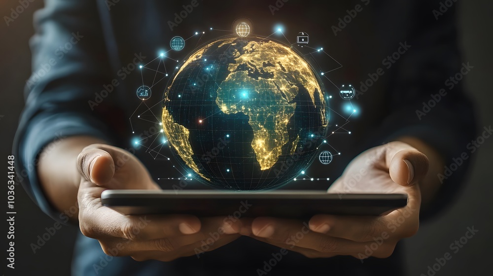 Poster man holding virtual globe with marketing network connecting icons on tablet. innovation technology d
