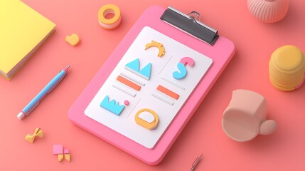 Clipboard with Colorful Geometric Shapes and Icons on Pink Background