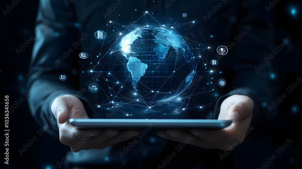 Poster man holding virtual globe with marketing network connecting icons on tablet. innovation technology d