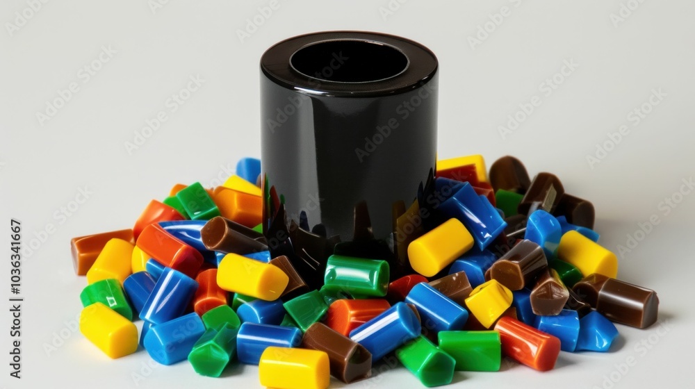 Poster colorful plastic pieces scattered around a black cylindrical object on a soft gray background, creat