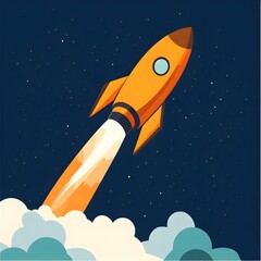 Orange Rocket Ship Taking Off Into Space With Stars and Clouds