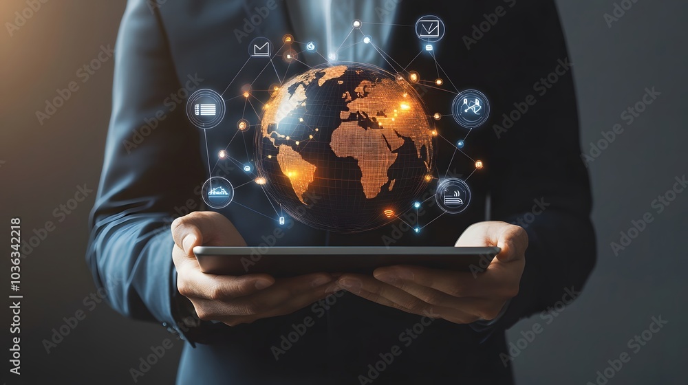 Poster man holding virtual globe with marketing network connecting icons on tablet. innovation technology d