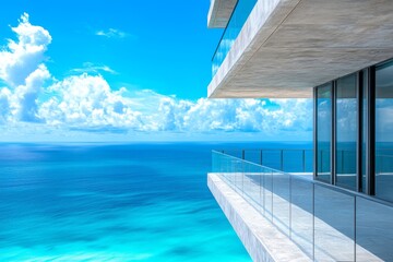 Fototapeta premium Modern Balcony Overlooking Ocean With Blue Sky And Clouds