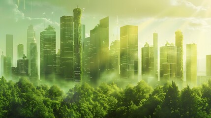 A futuristic cityscape overgrown with greenery, blending nature and urban architecture in harmony.