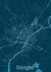 Map of Bangor, Maine, rendered in a minimalist style. The map features a dark blue background with white lines representing roads and waterways.