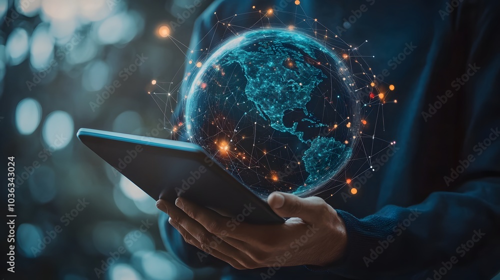 Poster man holding virtual globe with marketing network connecting icons on tablet. innovation technology d