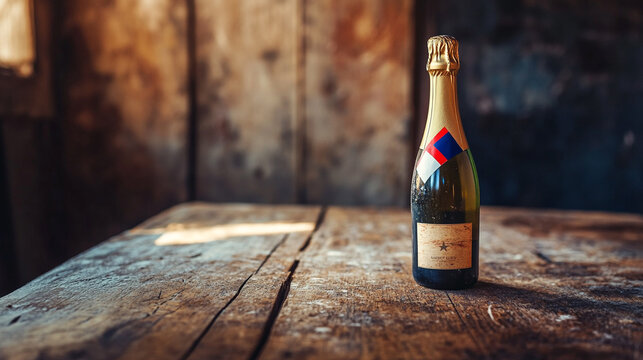Celebrating National Champagne Day with a bottle of sparkling wine on a rustic wooden table