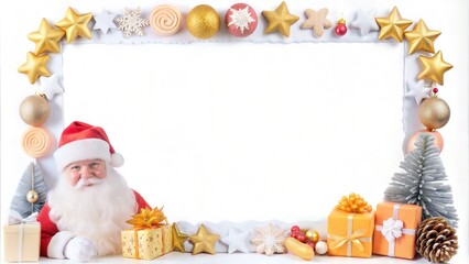 Fototapeta premium Festive Christmas frame with Santa Claus decorated with golden stars,snowflakes and gift boxes.Blank white space for greetings,print seasonal cards and social media posts.